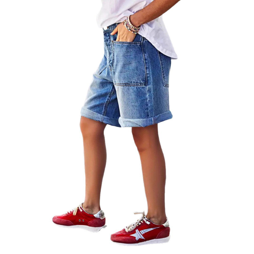 Mid-rise Bermuda Straight-leg Pants Stretchy Womens Denim Shorts