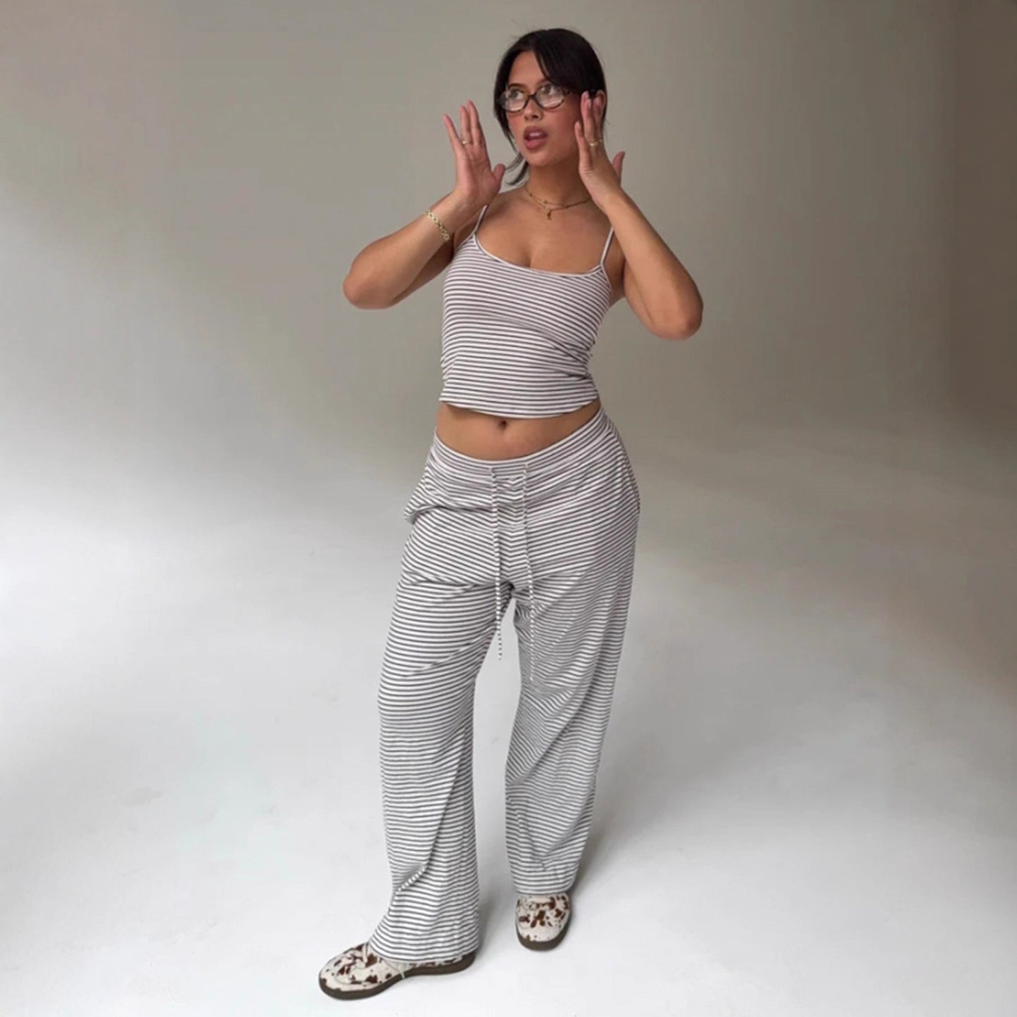 Striped Camisole Top And Elastic-waist Pants Loungewearpajama Two-piece Set