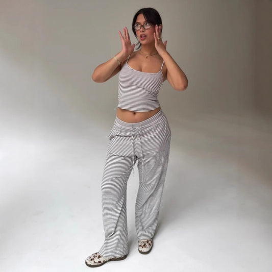 Striped Camisole Top And Elastic-waist Pants Loungewearpajama Two-piece Set