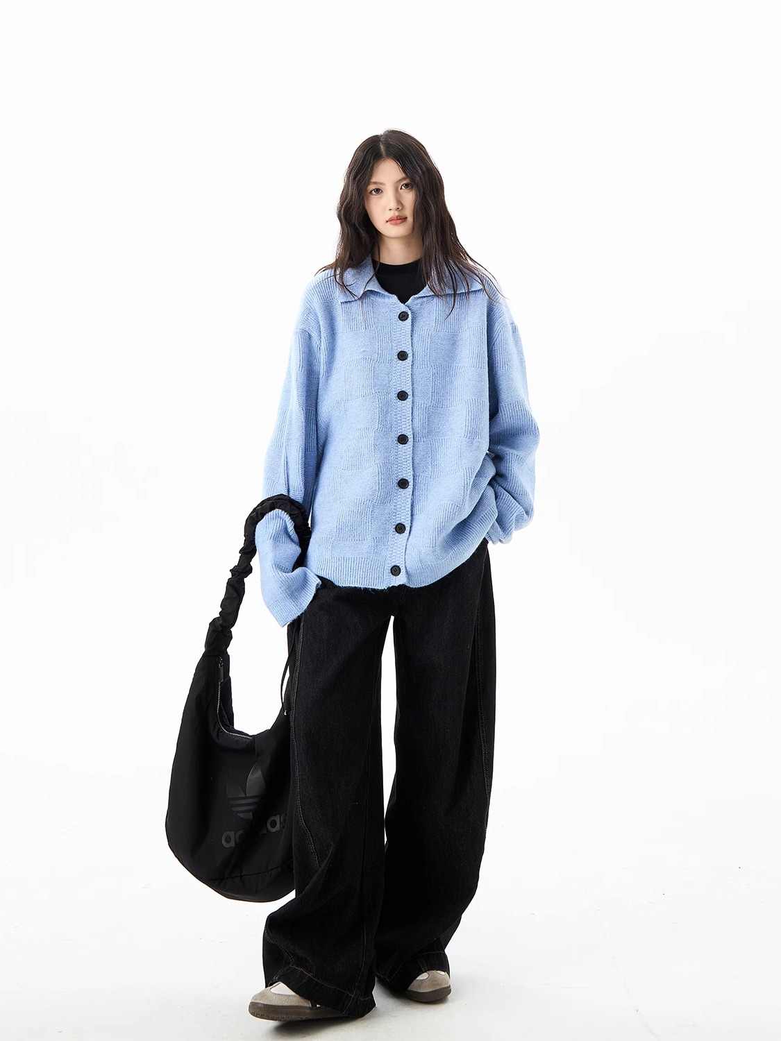 American Retro Blue Plaid Cardigan Sweater