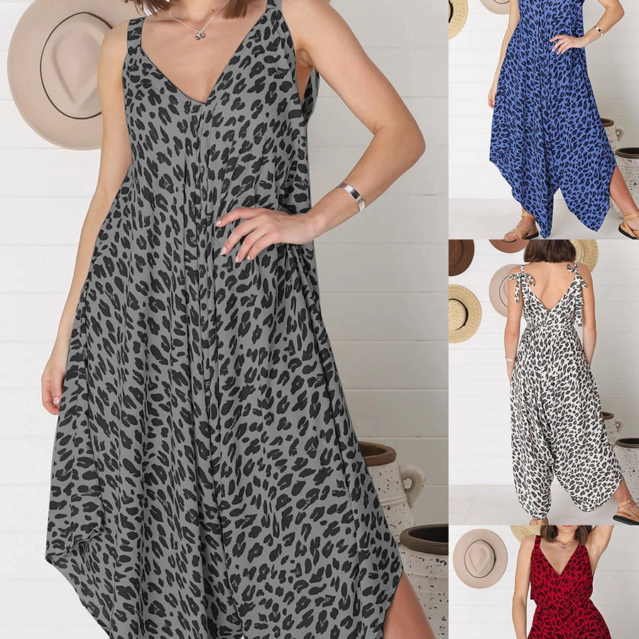 Suspender Leopard Print Wide Leg Jumpsuit