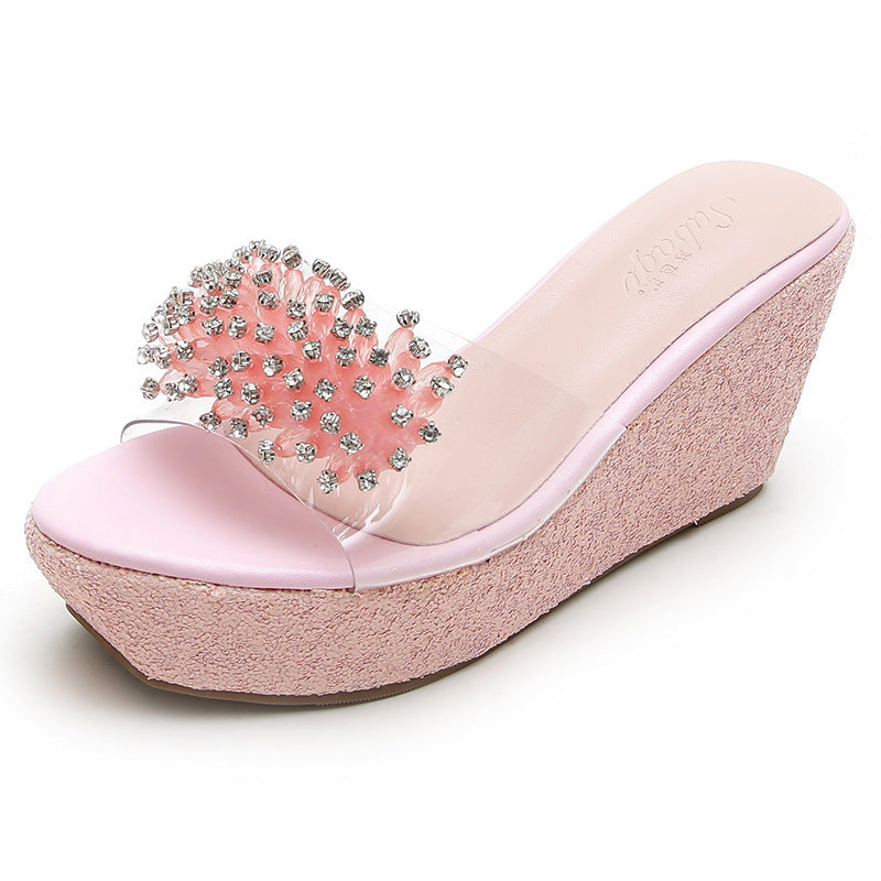 Women's Platform Thick Bottom Transparent Rhinestone Fish Mouth Slippers