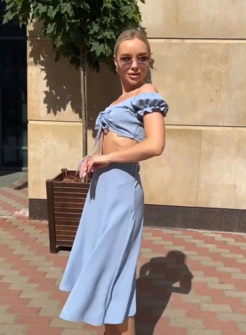 Womens Retro Lace-up Top And Skirt Set