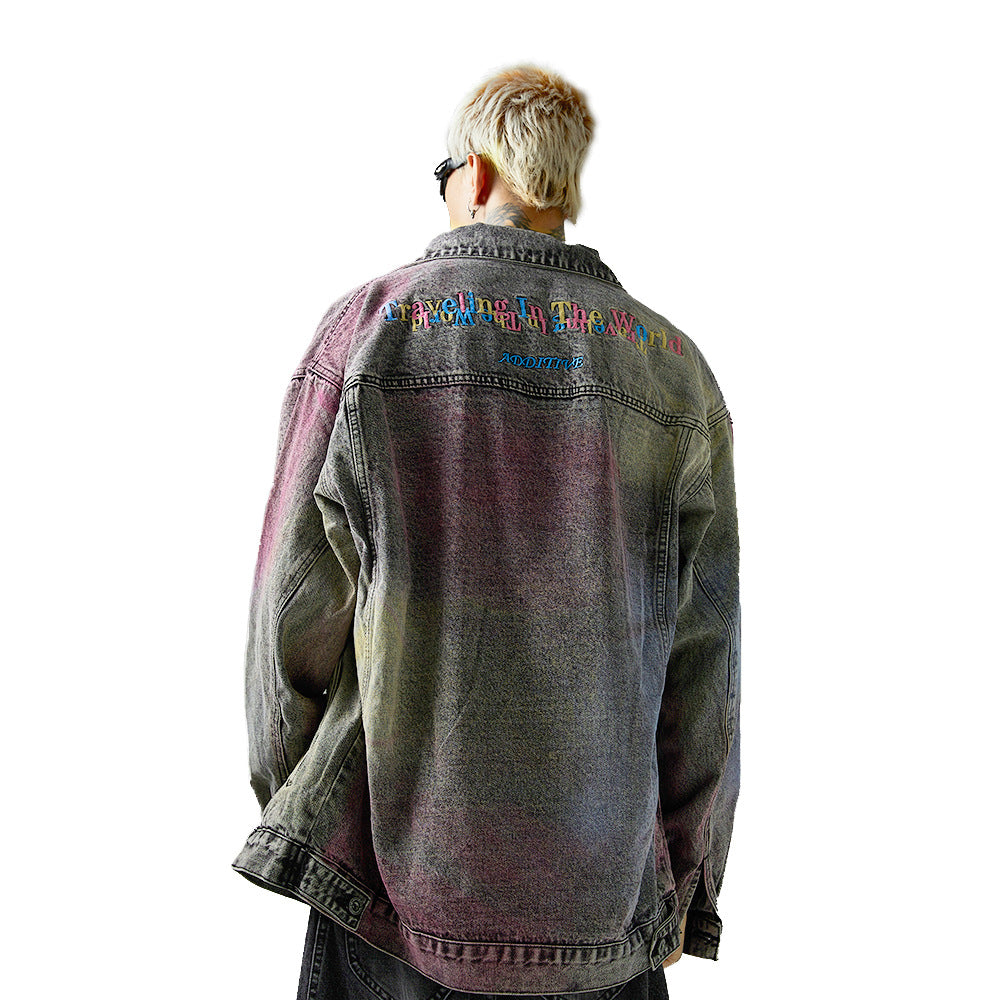 Colored String Spray Embroidery Denim Coat Tie-dyed Washed And Worn Loose