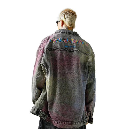 Colored String Spray Embroidery Denim Coat Tie-dyed Washed And Worn Loose
