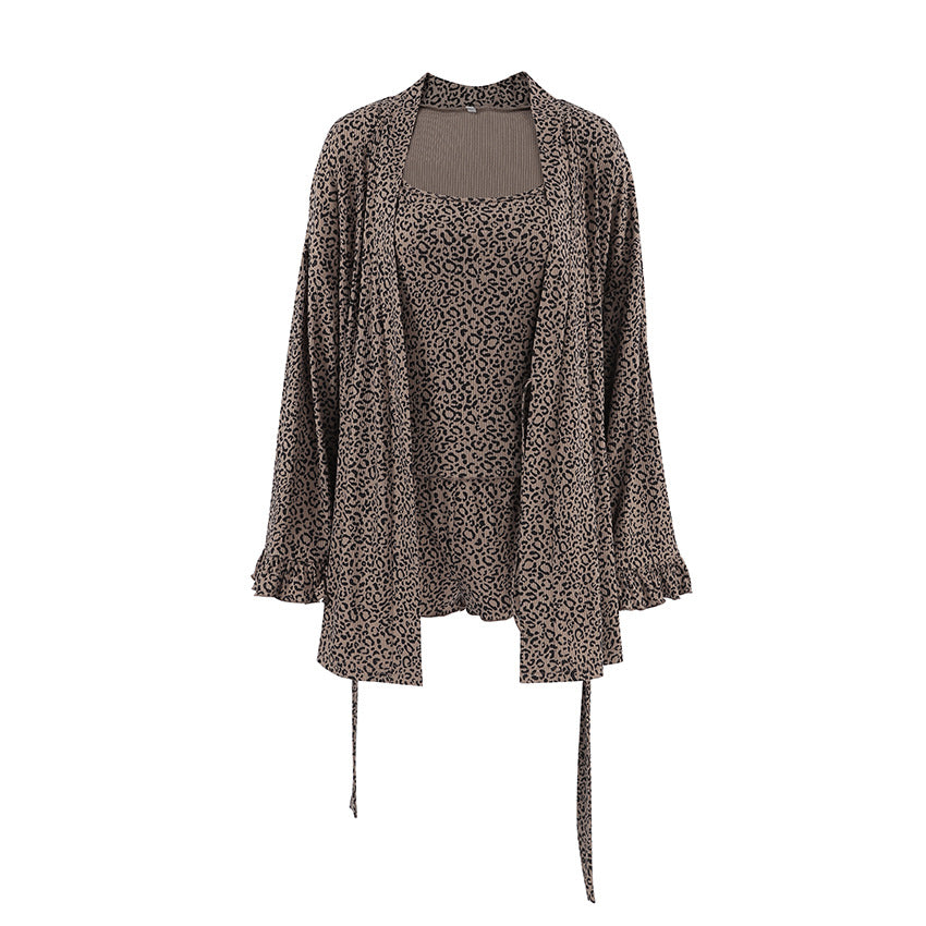 Leopard-print Long-sleeve Nightgown, Lingerie, And Shorts Three-piece Set
