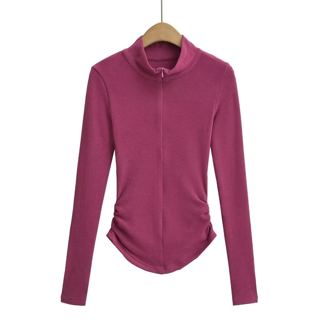 High Collar Half Zipper Stretch Slim-fit Thin Velvet Long Sleeve