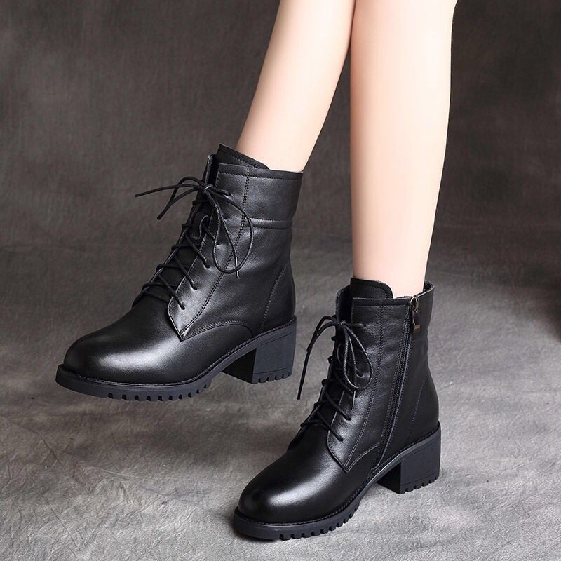 Soft Leather And Velvet British Style Thick Heel Short Boots All-match