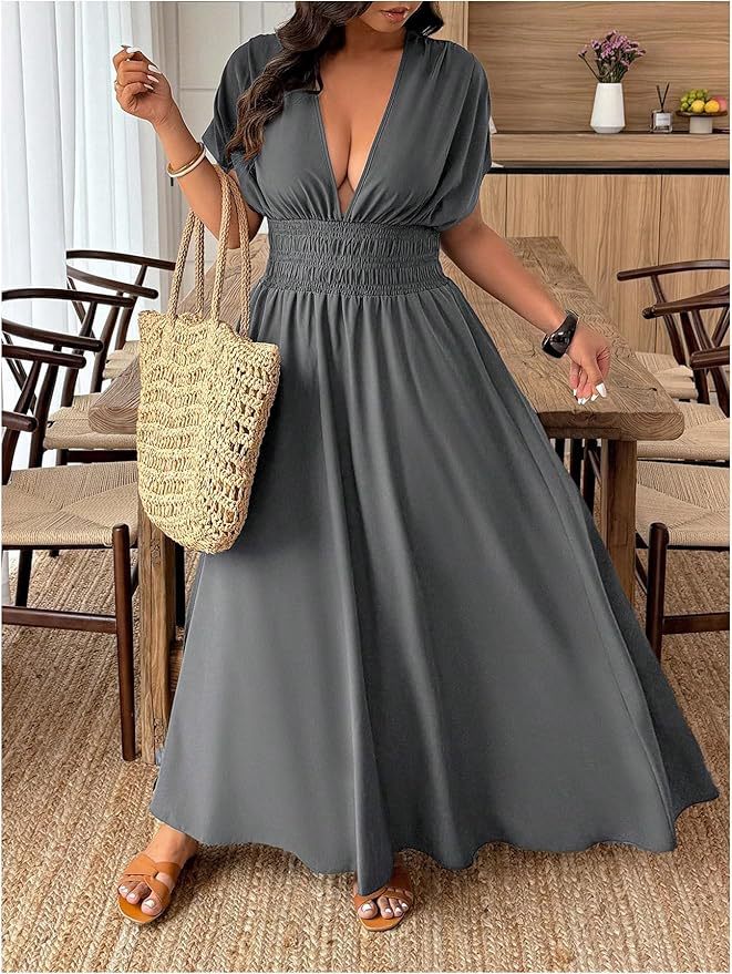 V-neck Short-sleeve Loose-fitting High-waisted Pleated Maxi Dress With A Slit