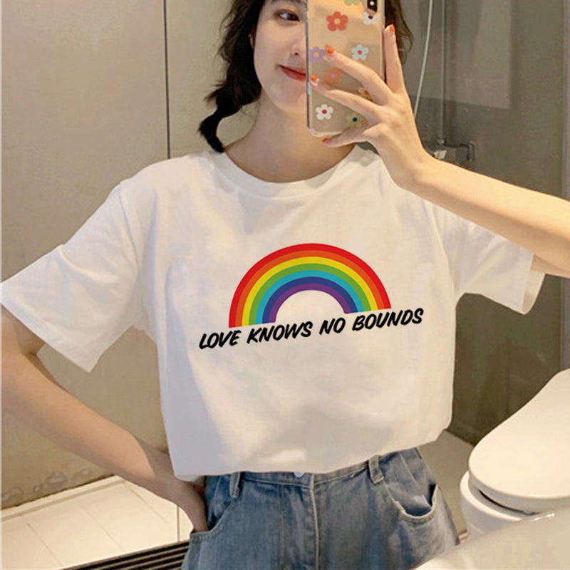 Personality Couple Wear Rainbow Letter Print Casual Short Sleeve T-Shirt