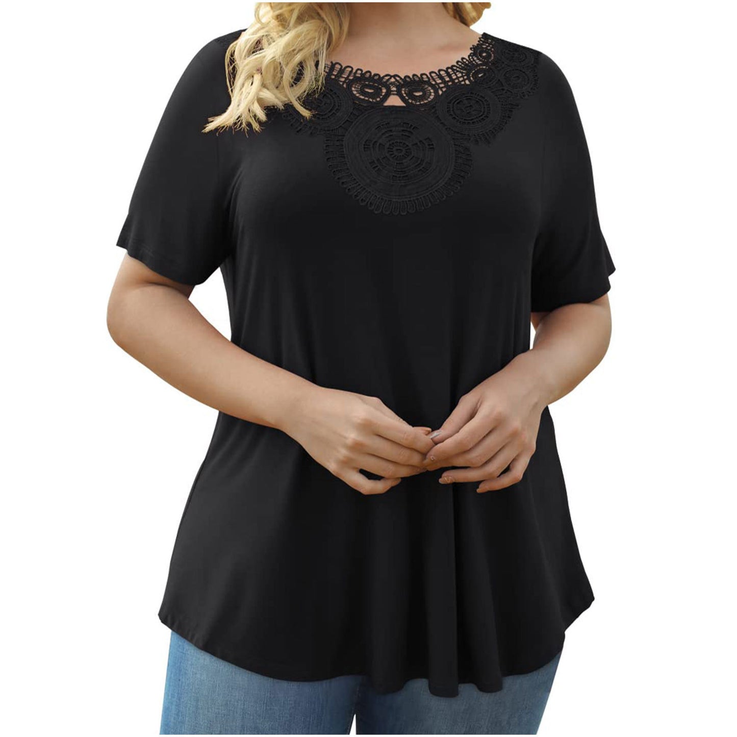 Dame Plus Size Kortærmet Pullover Blonder Plisseret T-shirt Talje Top