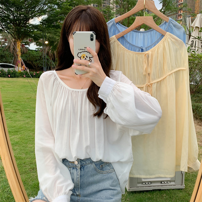 Version Loose Long Sleeve Chiffon Shirt With Lace Up Front And Back