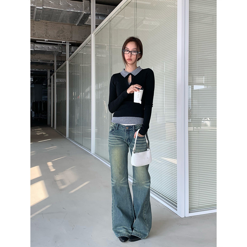 Korean Spring Stacked-Look Fake Two-Piece Color-Block Knit Sweater