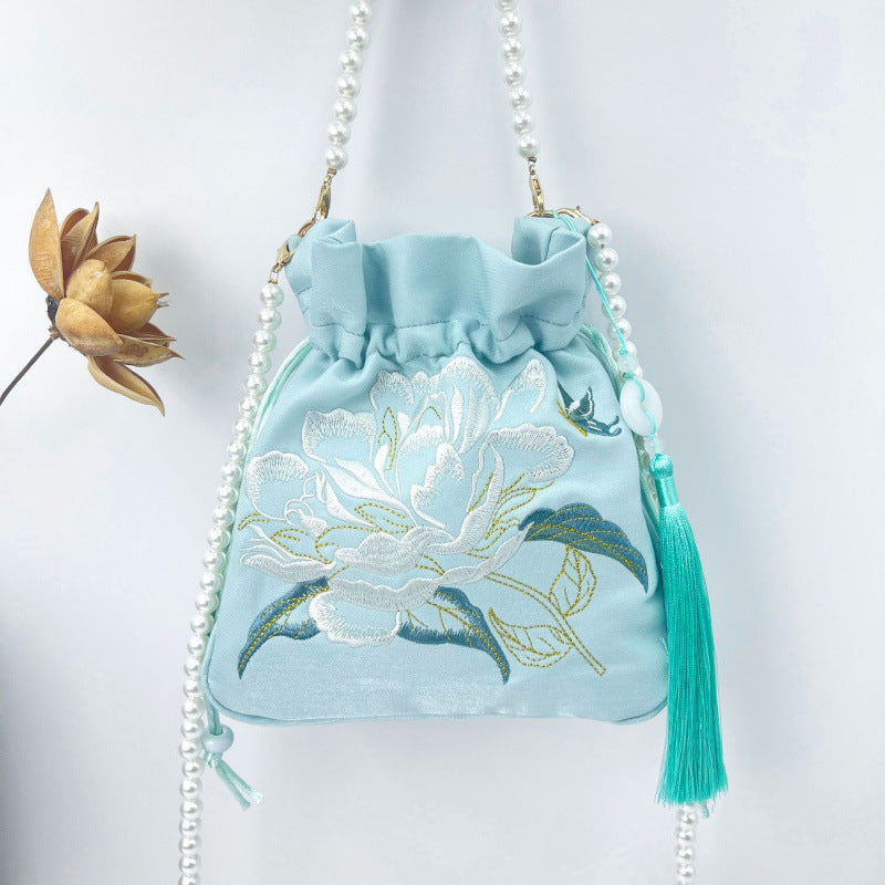 Women's Creative Printing Suzhou Embroidery Pearl Chain Handbag
