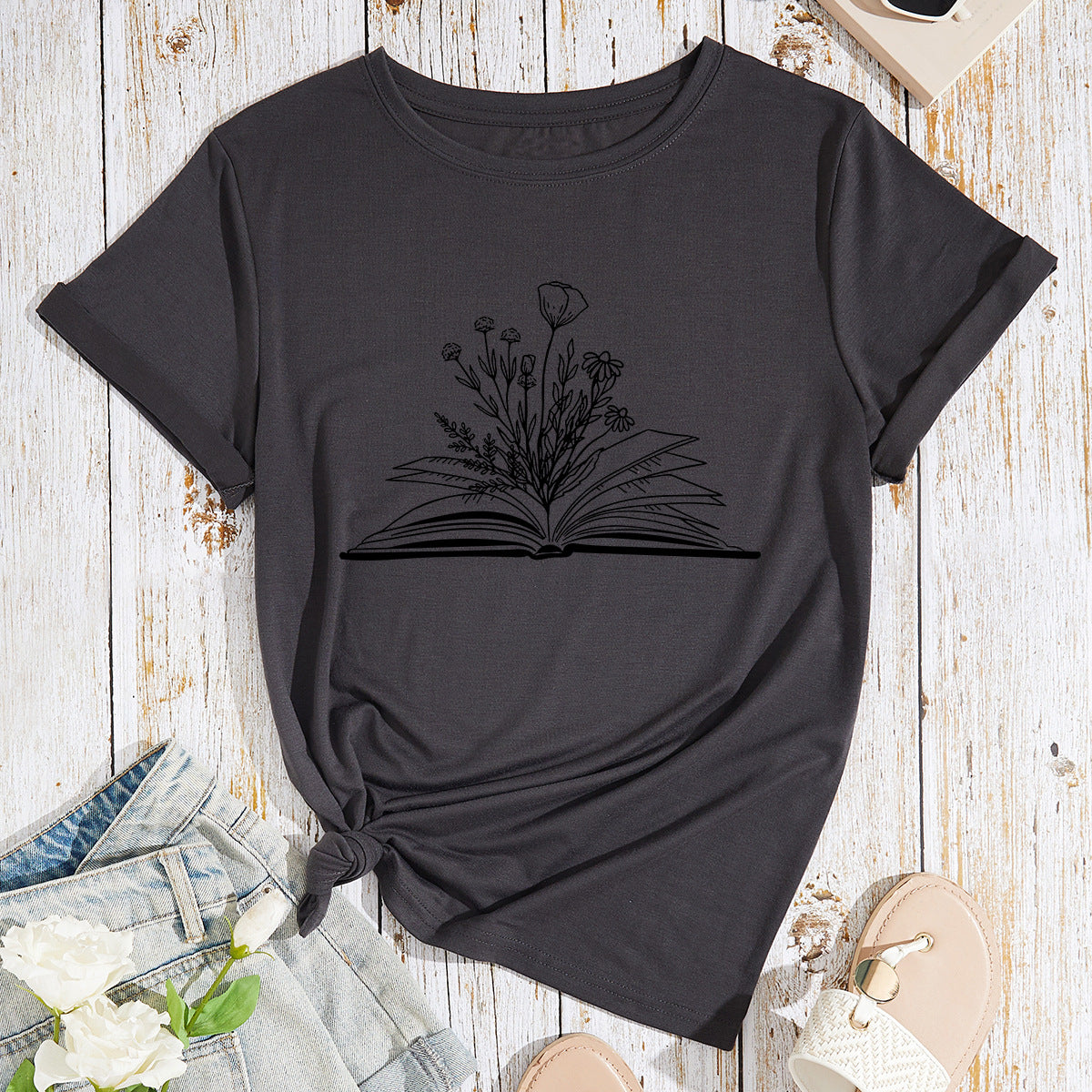 Dame blomsterbogtryk løs bomuldslignende T-shirt med rund hals og korte ærmer i store størrelser til kvinder