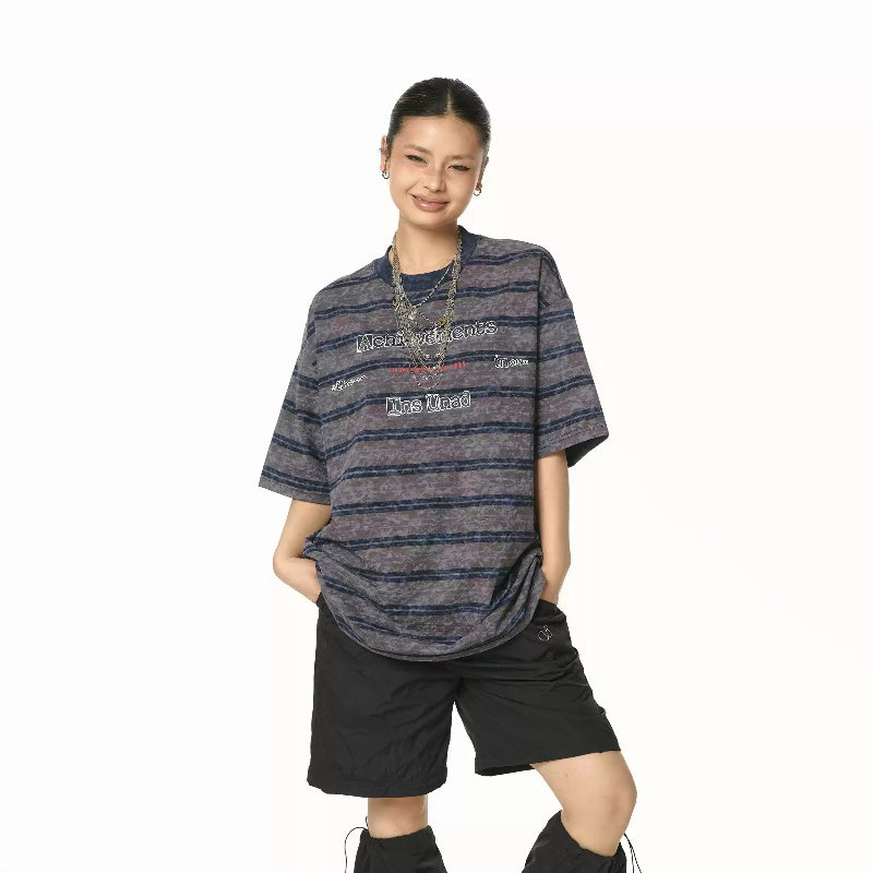 Retro Loose Striped Printed T-shirt Women's Summer Tie-dye