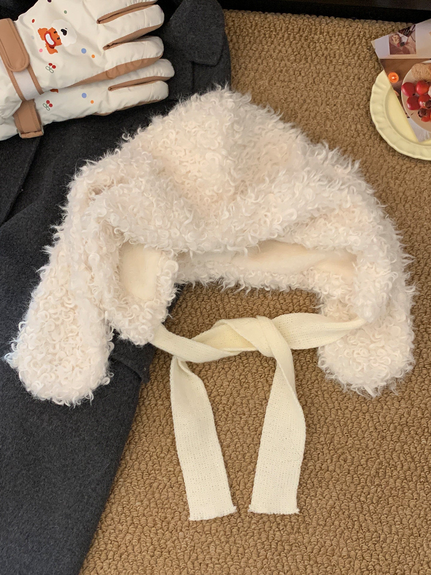 Korean-style Sweet And Cute White Plush Hat With Bunny Ears