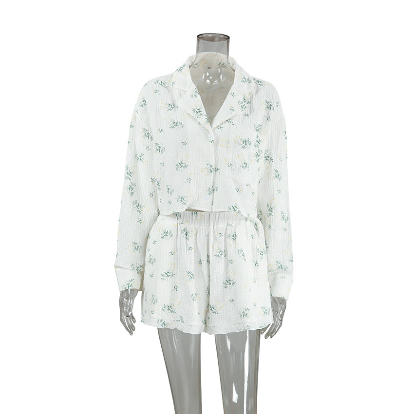 Printed Minimalist Light-Luxury Pajama Set With Long Sleeves And Shorts