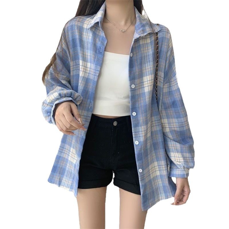 Womens Retro Long-Sleeve Plaid Shirt Top