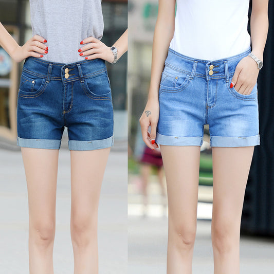 Women's Hem Denim Shorts With Double Buttons And Two Colors