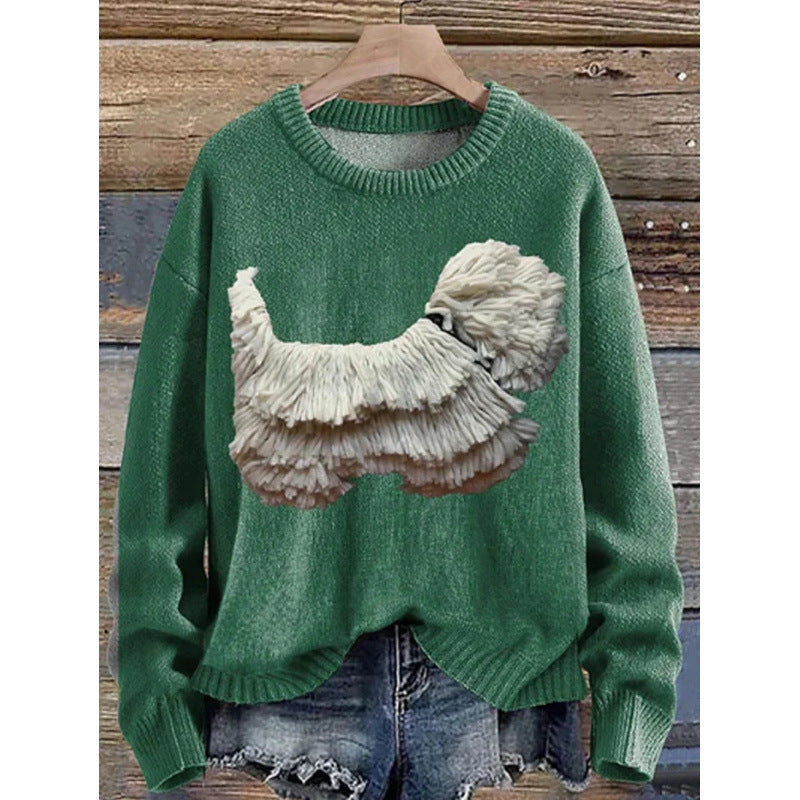 Womens Printed Crew-Neck Chunky-Knit Faux Sweater