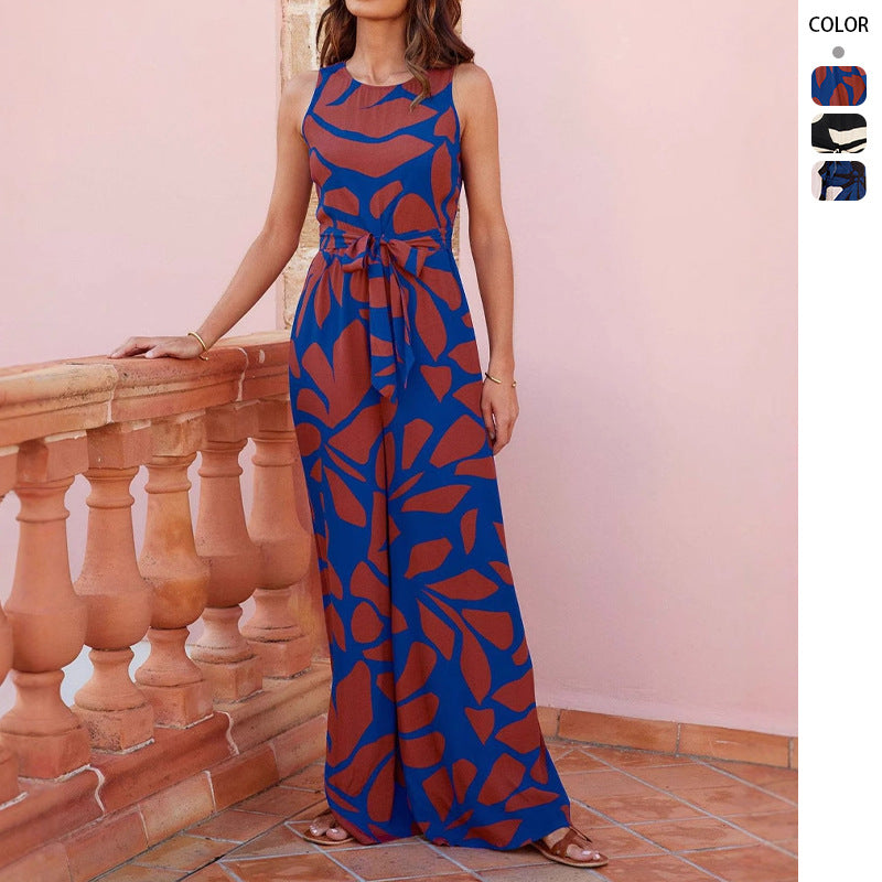 Fashion Rund Hals Printet Talje-kontrolleret Jumpsuit til Kvinder