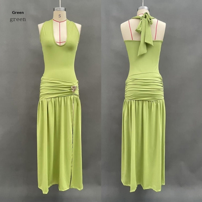 Womens Halterneck Backless Slim Fit Solid Color Split Dress