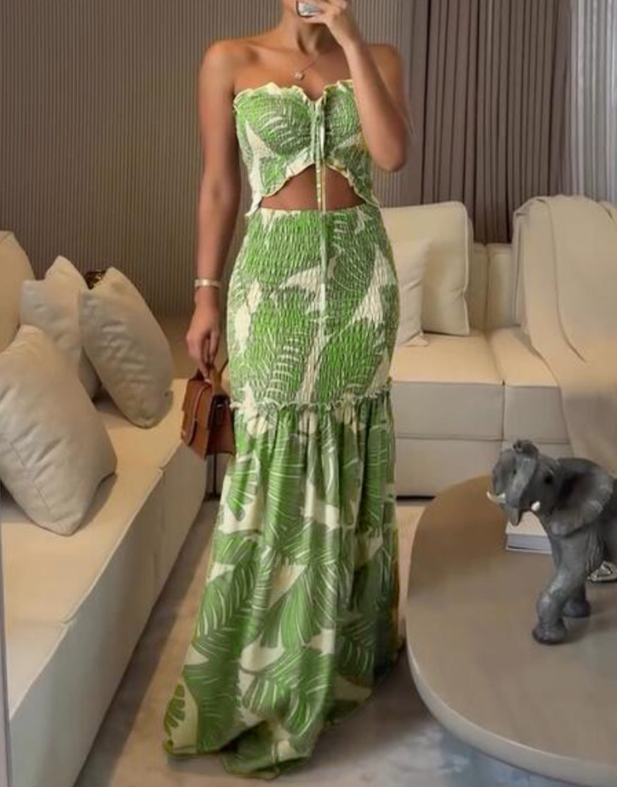 Casual Tie-up Halter Dress With Printed Pleats
