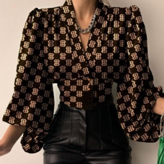 Elegant Buttoned V-Neck Puff Sleeve Top Shirt For Women