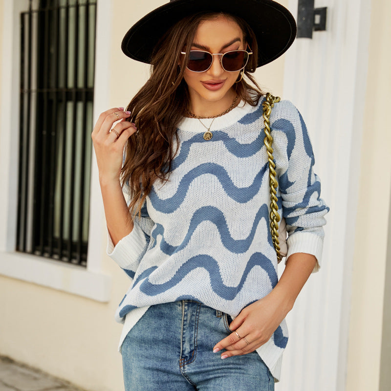 Loose-fitting Casual Round-neck Wave Brocade Sweater