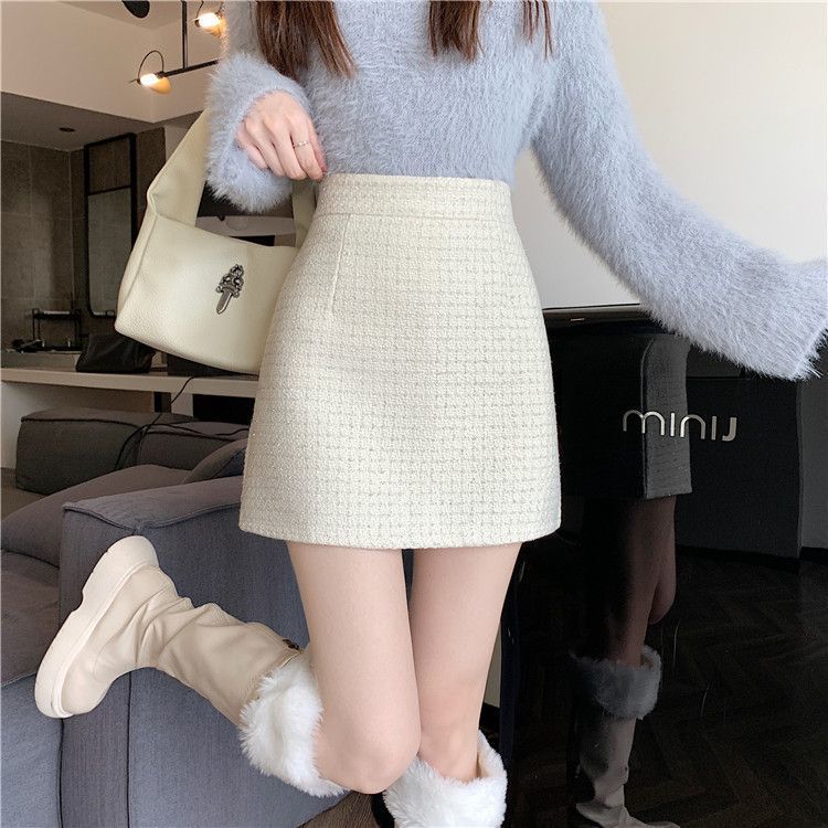 Tweed Classic Style Hip Skirt Small High Waist A- Line Skirt Women's Skirt