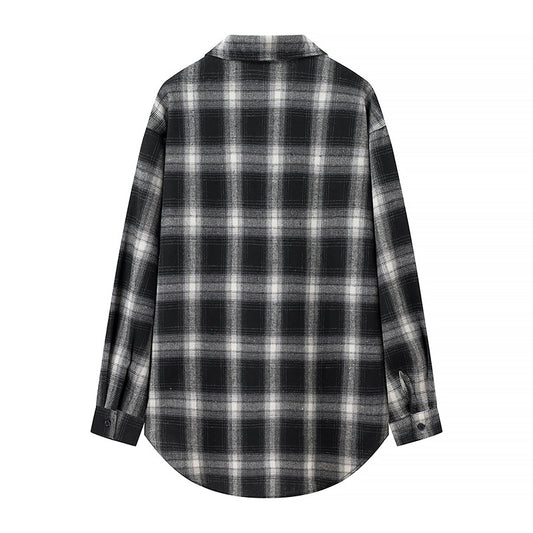 Retro Plaid Long-sleeve Women's Loose Casual Single-breasted Shirt