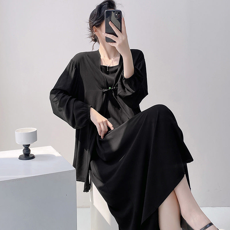 Womens Loose Casual Printed Camisole Dress And Outerwear Set