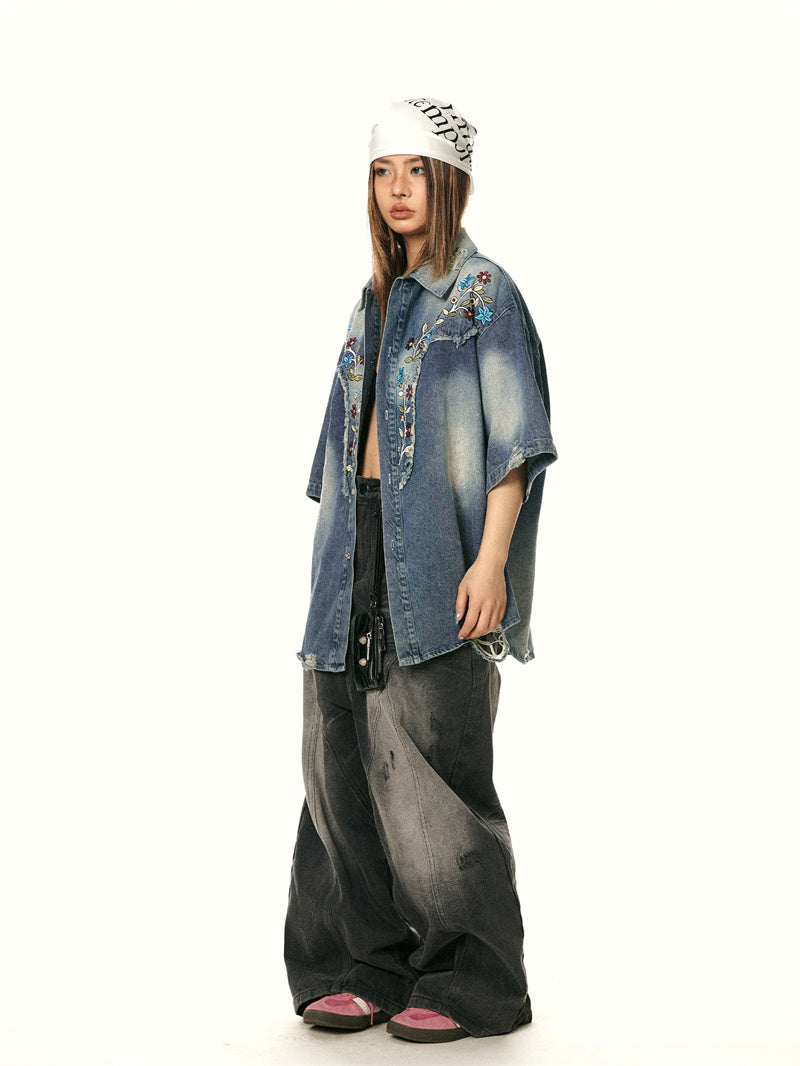 Washed-out Vintage Stitching Embroidered Floral Denim Shirt