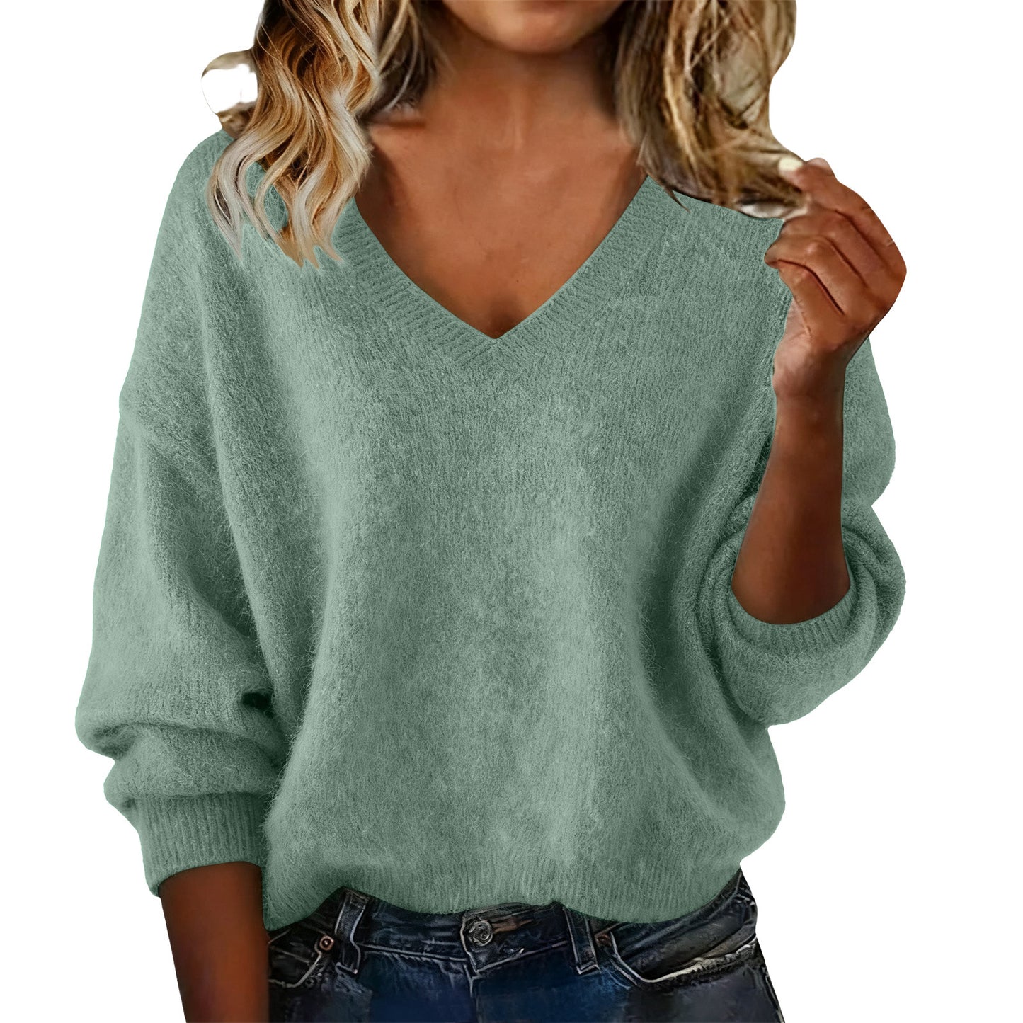 New Fashion Loose Solid Color V-neck Sweater Women
