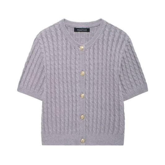 European And American Round Neck Short Sleeve Cardigan Sweater For Women