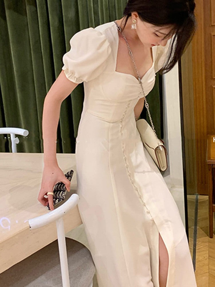 Square Neck Waist Wrapped Bubble Sleeve Dress For Women