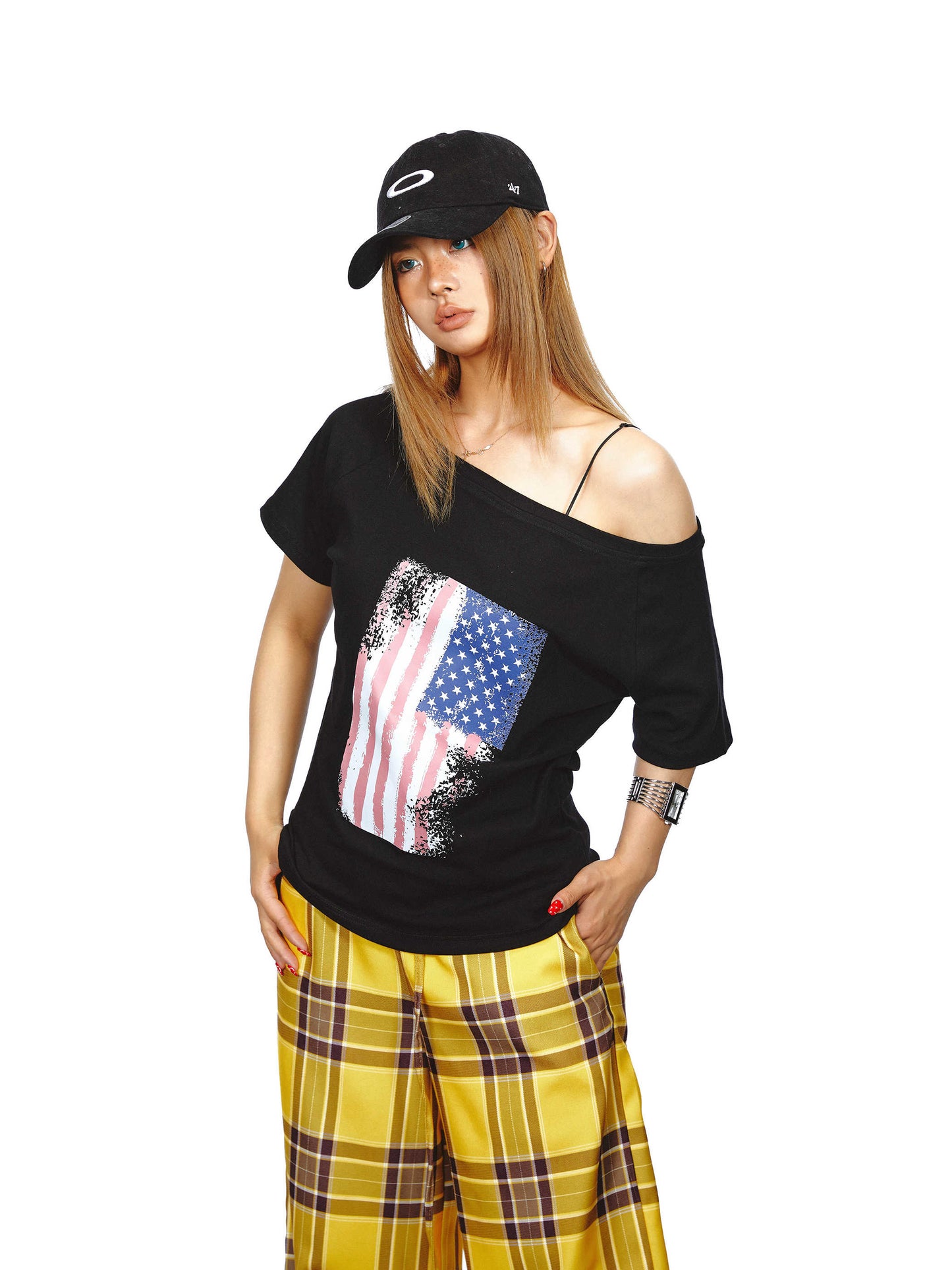 Women's Flag Printed Shoulder Short-sleeved T-shirt