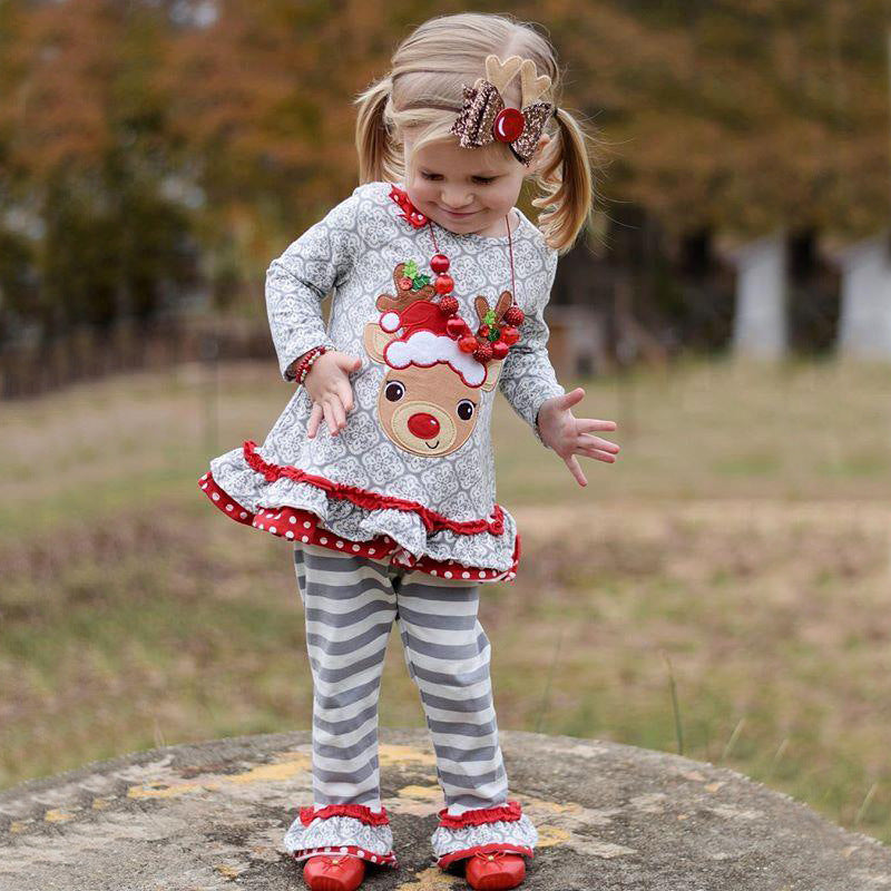 Christmas Children's Clothing Girls' Long-sleeved Reindeer Top Striped Pants Set