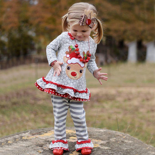 Christmas Children's Clothing Girls' Long-sleeved Reindeer Top Striped Pants Set