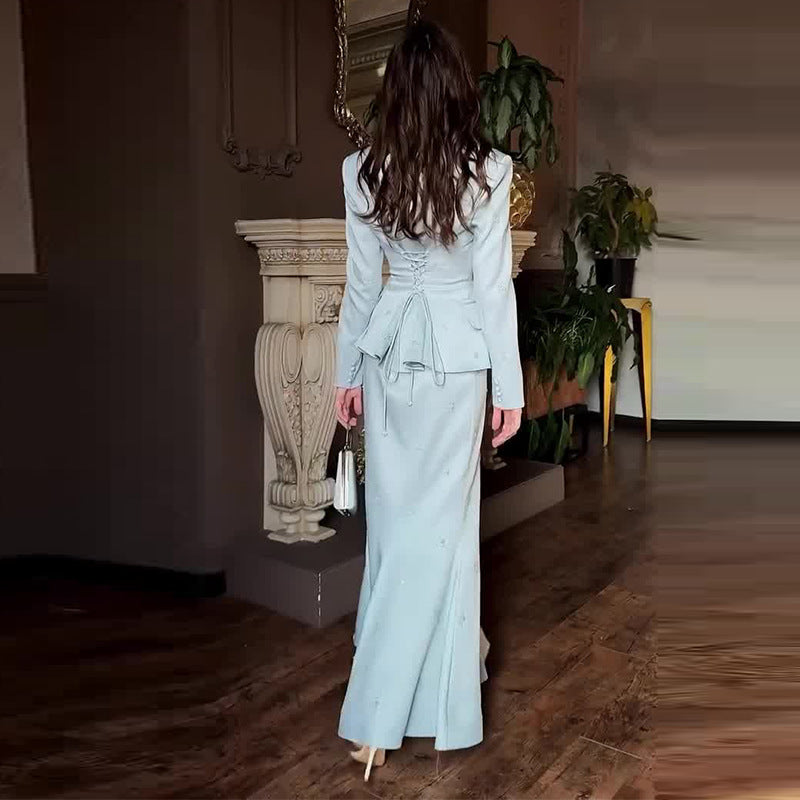 Light Blue Defined-Waist Elegant Back-Tie Set