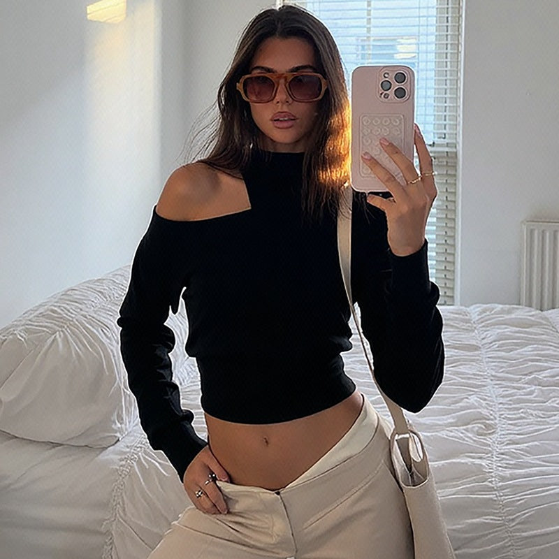 Fashion One-shoulder Cold-shoulder Waist-tight T-shirt Long Sleeve