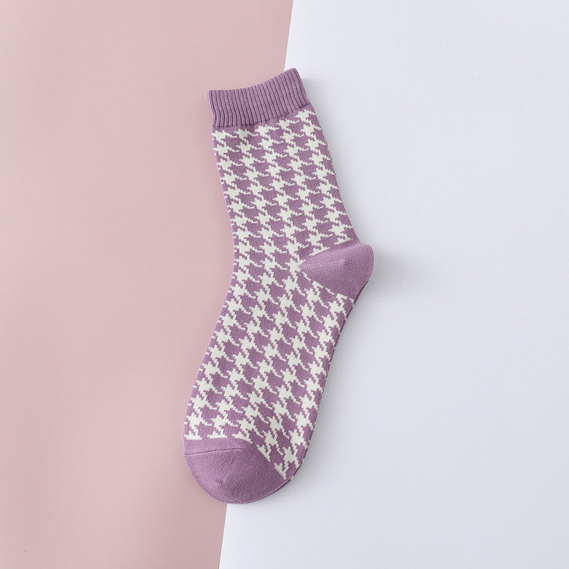 Women's Mid-calf Retro Houndstooth Long Socks