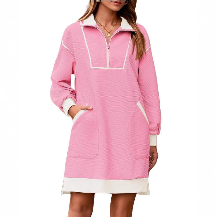 Sports Style Half Zip V Neck Long Sleeve Color Block Loose Dress