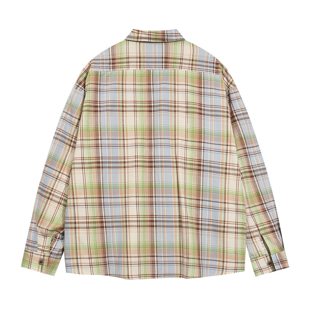 Embroidered Pocket Casual Polo Collar Checked Shirt