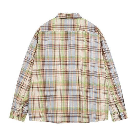 Embroidered Pocket Casual Polo Collar Checked Shirt