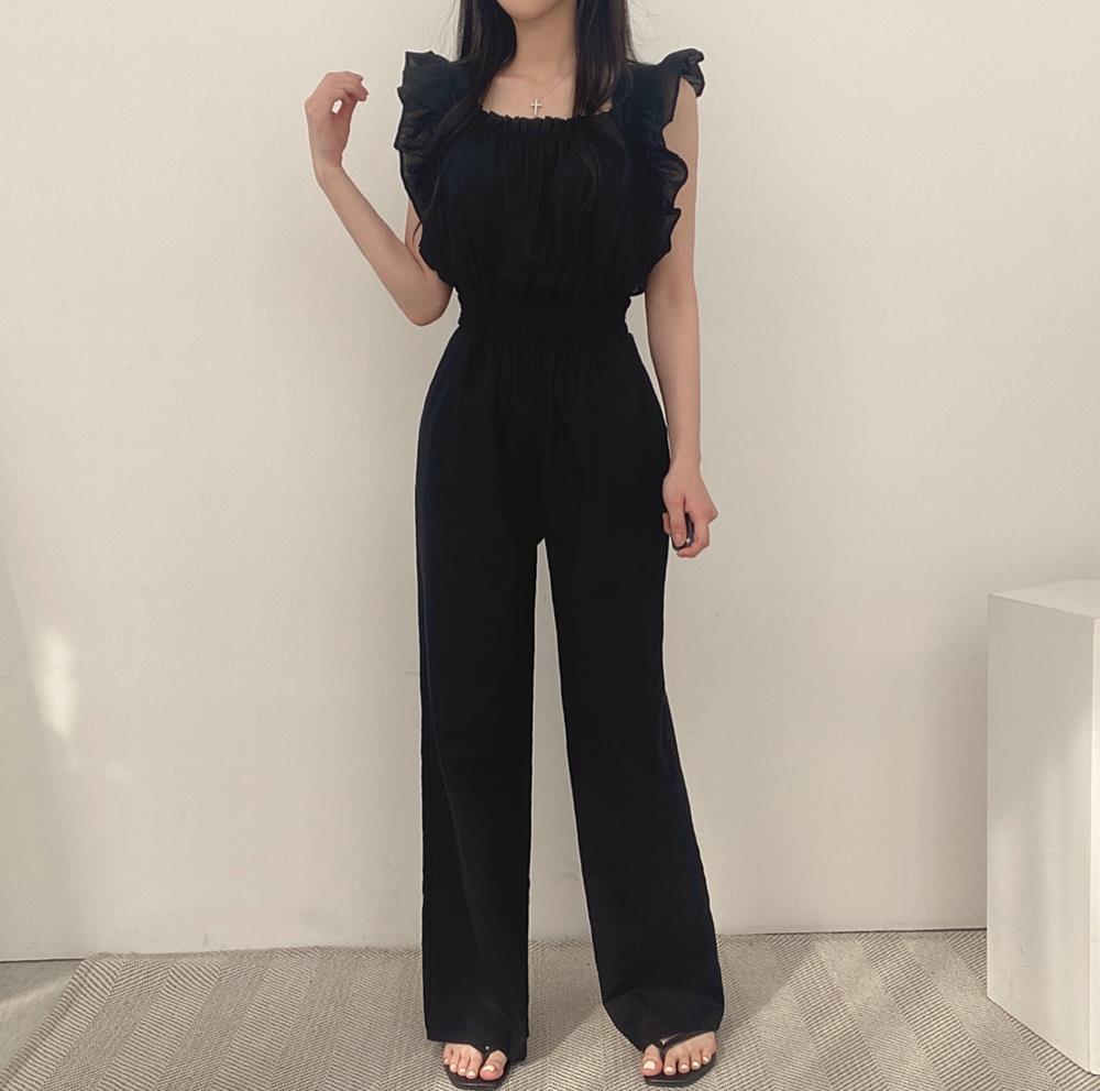 Fransk Retro Jumpsuit Med Firkantet Halsudskæring, Flæser, Flæseærmer, Elastik I Taljen Og Højtaljede Vide Ben Til Kvinder