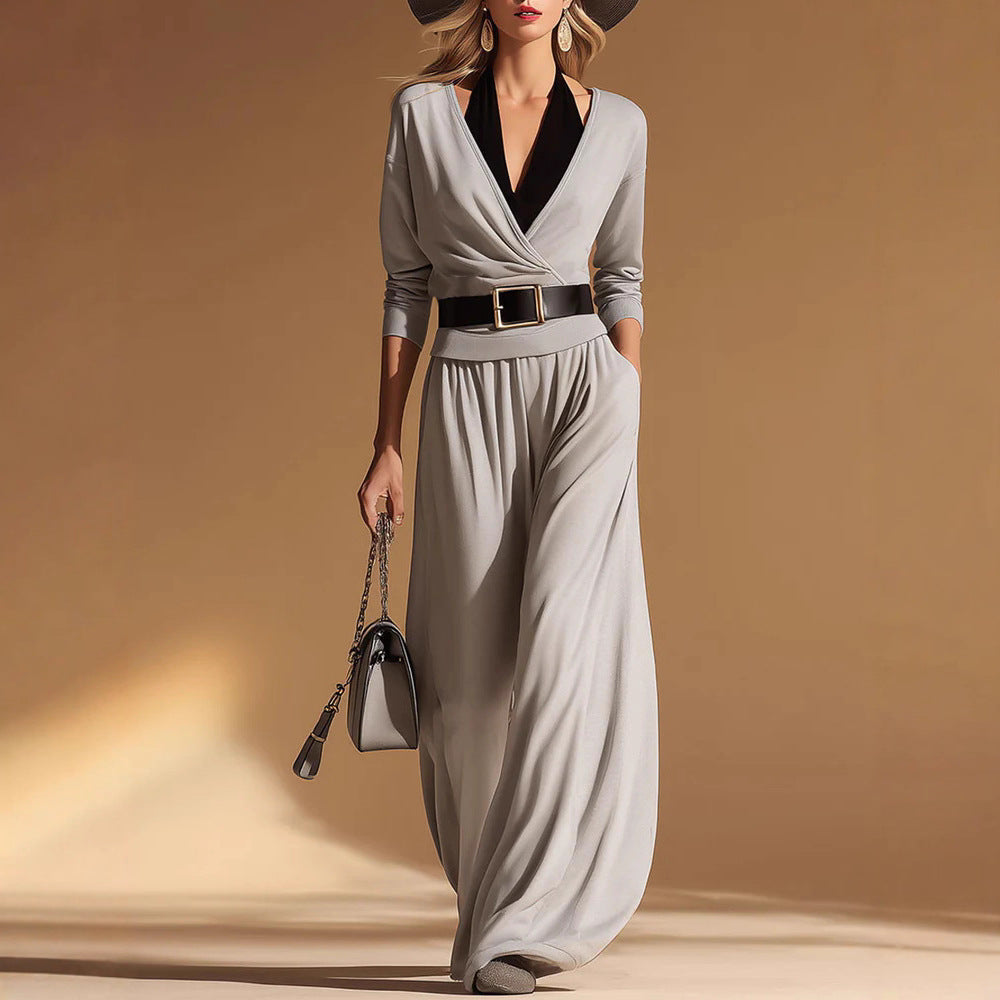 Black Halter-neck Two-piece Set Gray Top And Pants
