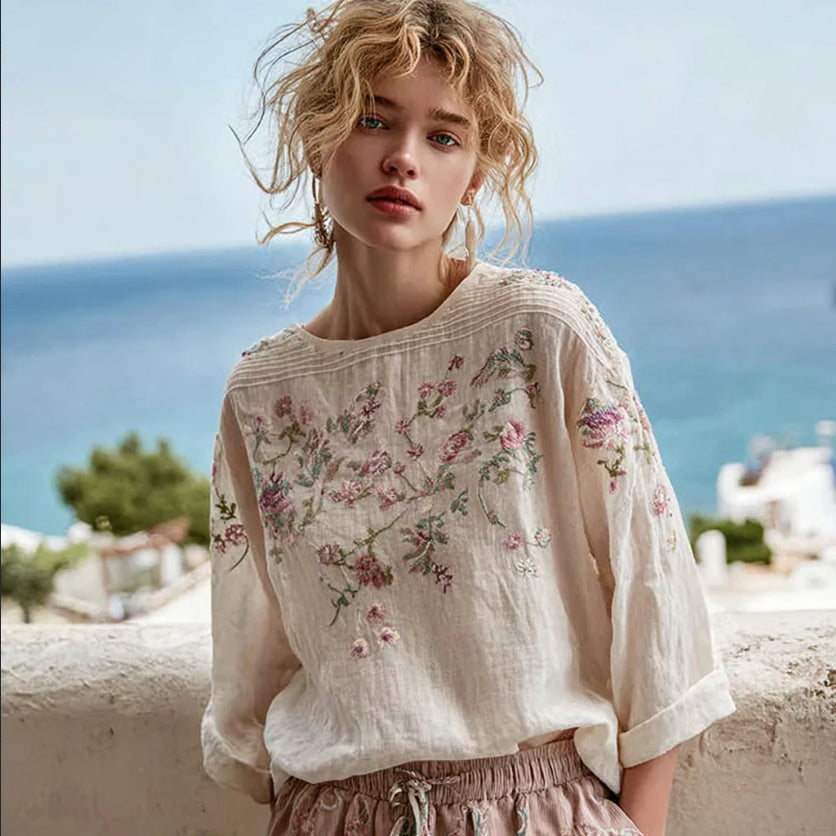 Vintage Bohemian Floral Patchwork Linen T-shirt