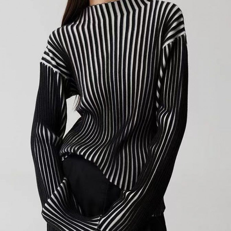Long Sleeve Sweater Black And White Contrast Color Texture Half Turtleneck Sweater